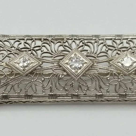 Beautiful Vintage 14K Karat Solid White Gold Designer Brooch With Diamonds